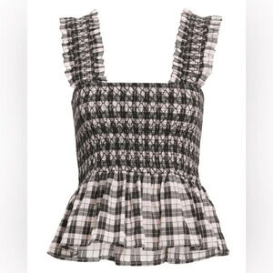 Ganni Charron Smocked Gingham Peplum Top